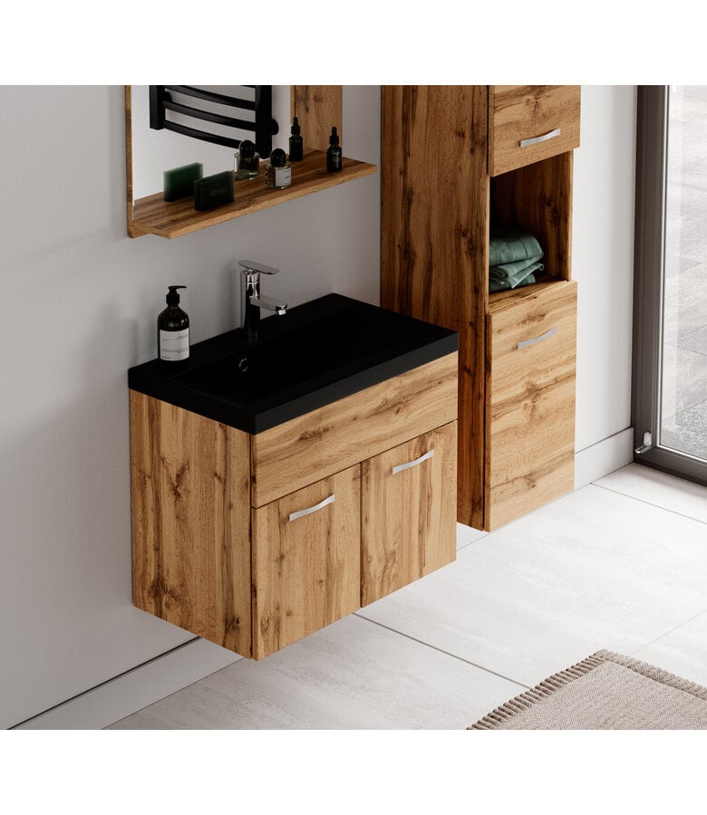 Badplaats Badkamermeubel Montreal 02 60cm Met Spiegel - Eiken - Zwarte Wastafel