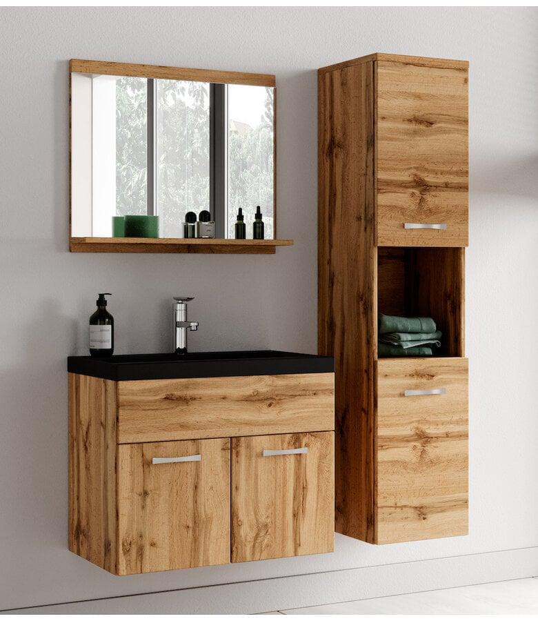 Badplaats Badkamermeubel Montreal 02 60cm Met Spiegel - Eiken - Zwarte Wastafel