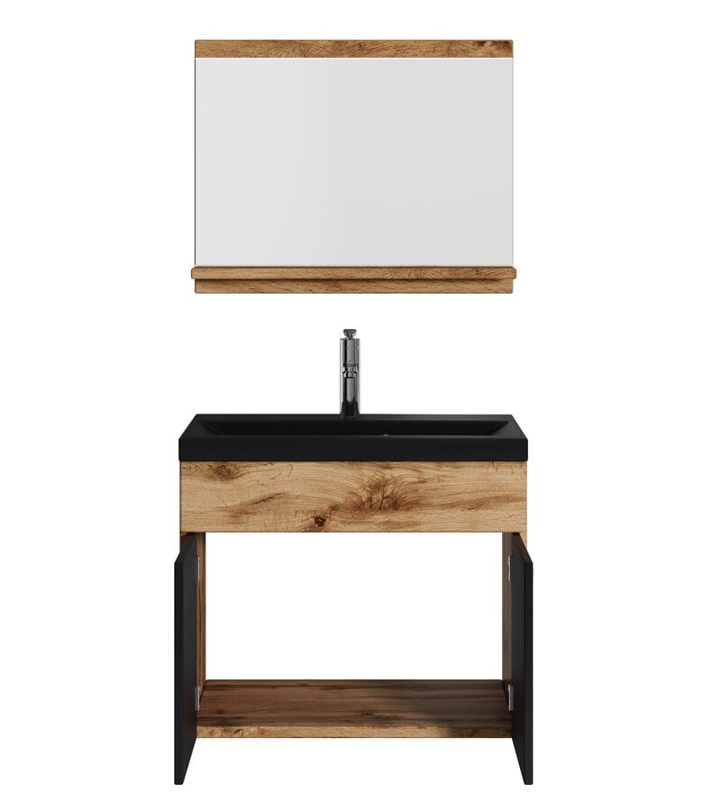 Badplaats Badkamermeubel Montreal 02 60cm Met Spiegel - Eiken Met Mat Zwart - Zwarte Wastafel