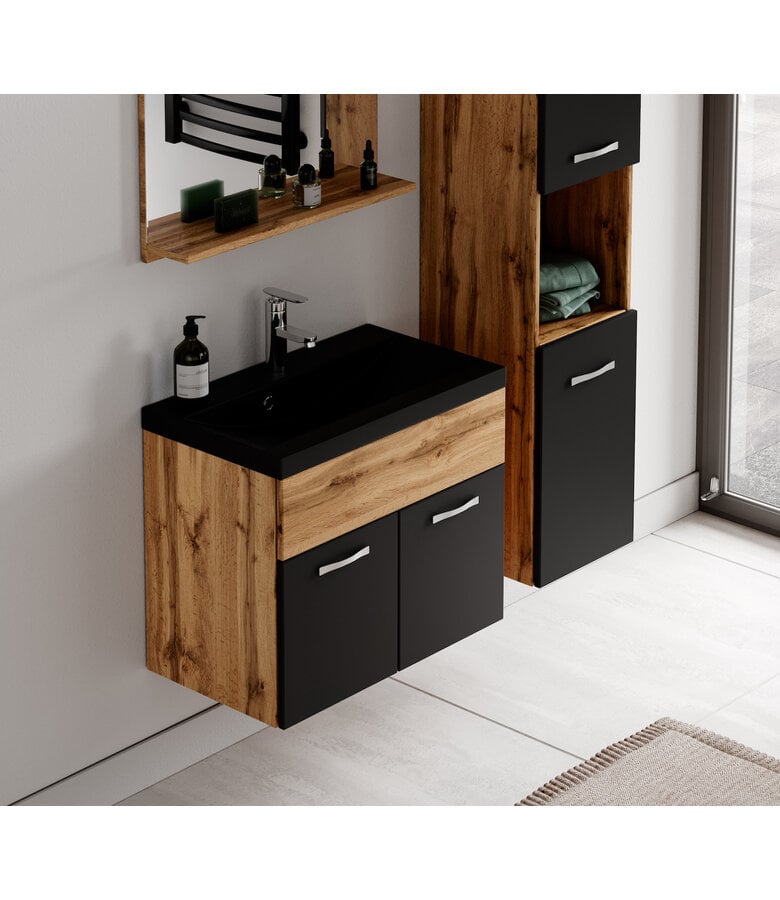 Badplaats Badkamermeubel Montreal 02 60cm Met Spiegel - Eiken Met Mat Zwart - Zwarte Wastafel