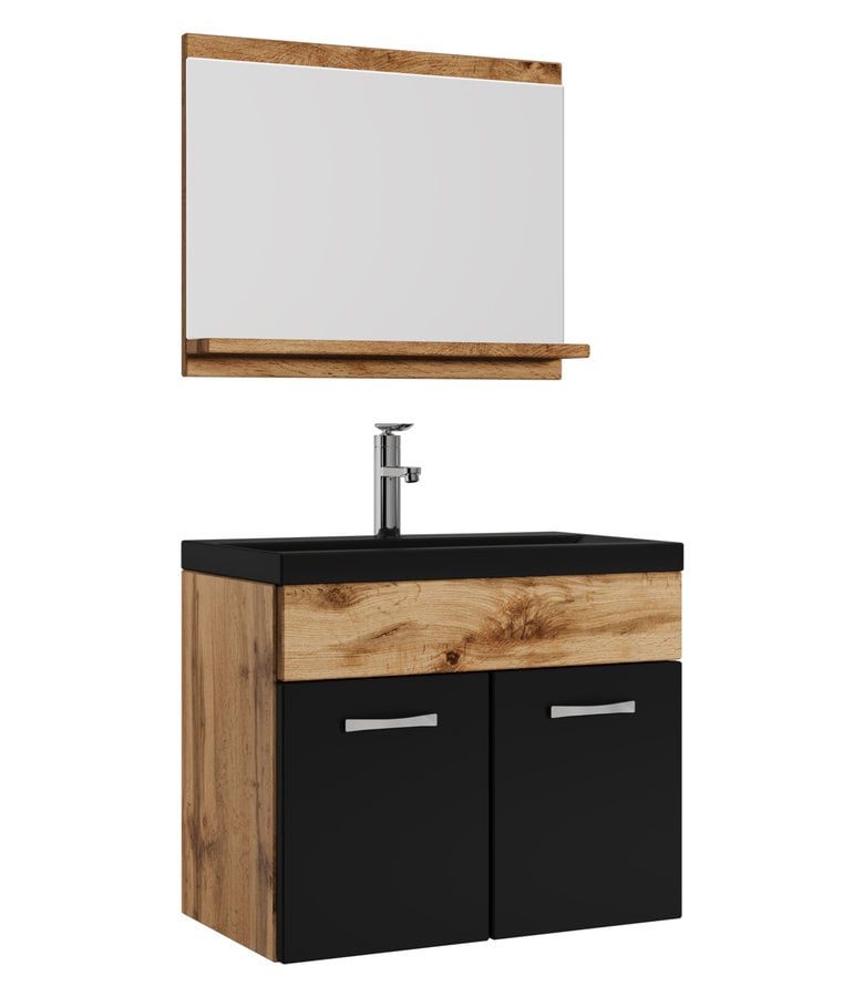 badplaats Badkamermeubel Montreal 02 60cm met spiegel - eiken met mat zwart - zwarte wastafel