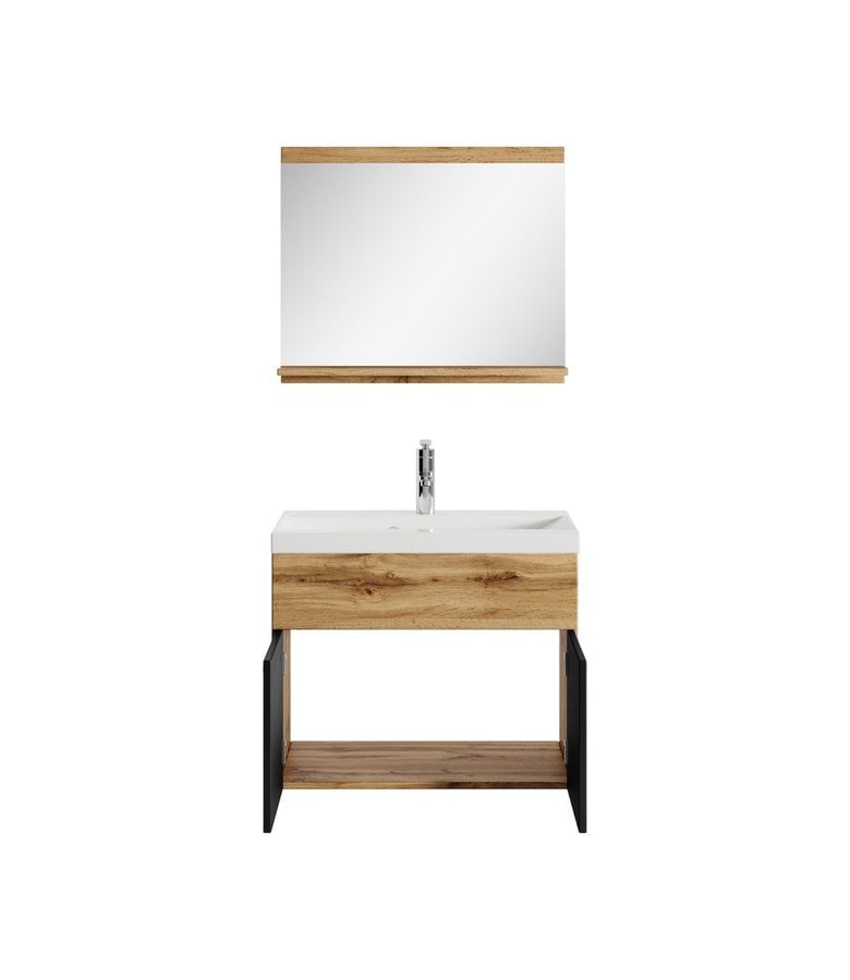 Badplaats Badkamermeubel Montreal 02 60cm Met Spiegel - Eiken Met Mat Zwart
