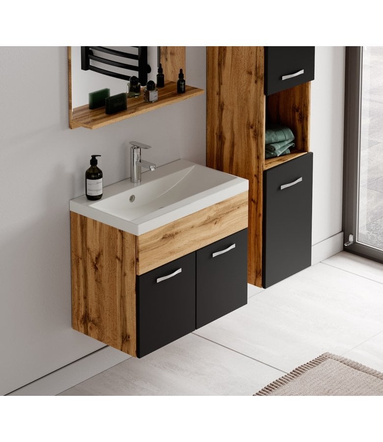 Badplaats Badkamermeubel Montreal 02 60cm Met Spiegel - Eiken Met Mat Zwart