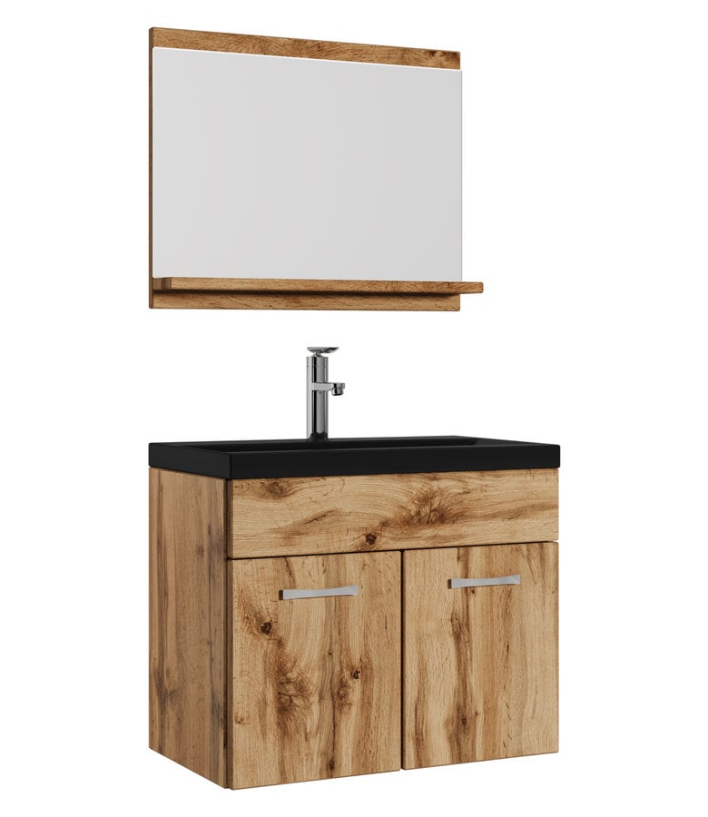 badplaats Badkamermeubel Montreal 02 60cm met spiegel - eiken - zwarte wastafel