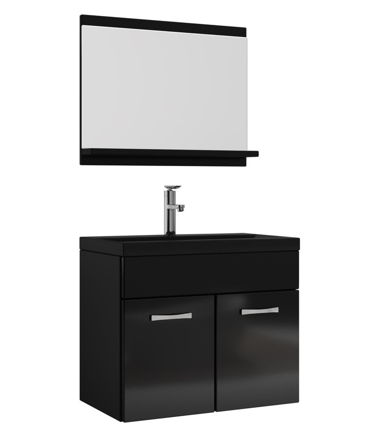 badplaats Badkamermeubel Montreal 02 60cm met spiegel - hoogglans zwart - zwarte wastafel