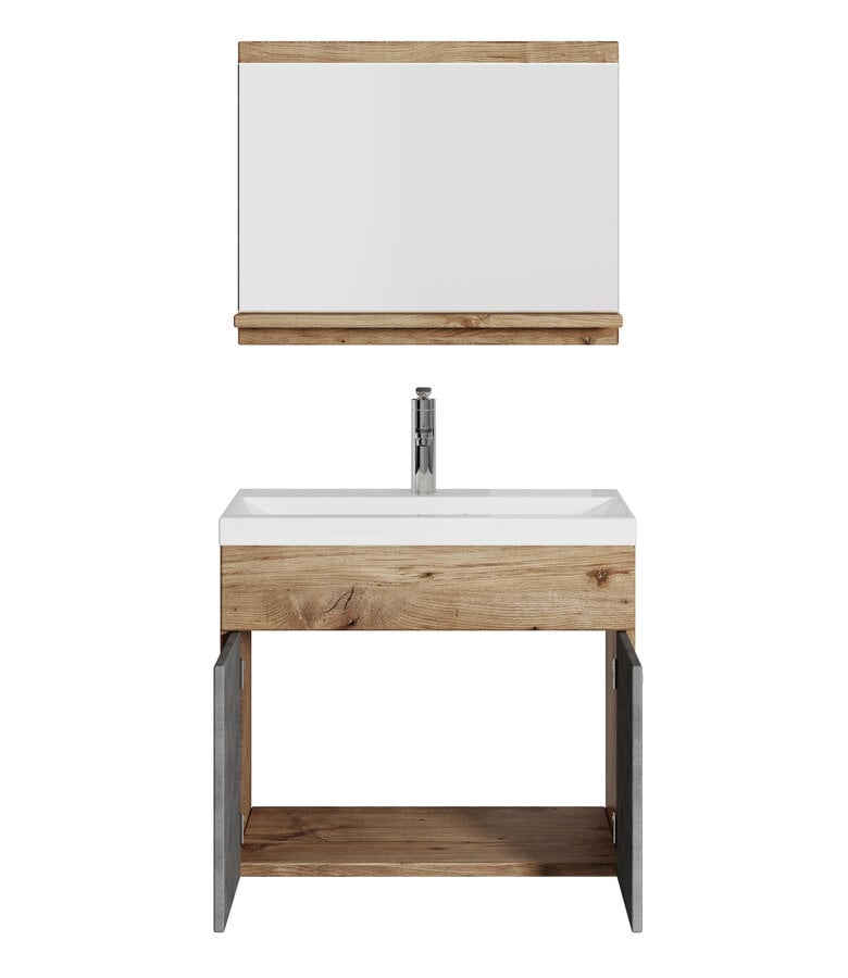 Badplaats Badkamermeubel Montreal 02 60cm Met Spiegel - Kastanje Eiken Met Donker Grijs