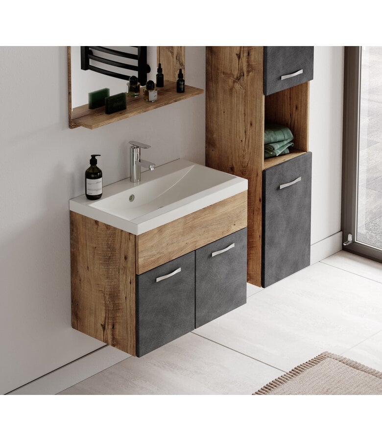 Badplaats Badkamermeubel Montreal 02 60cm Met Spiegel - Kastanje Eiken Met Donker Grijs