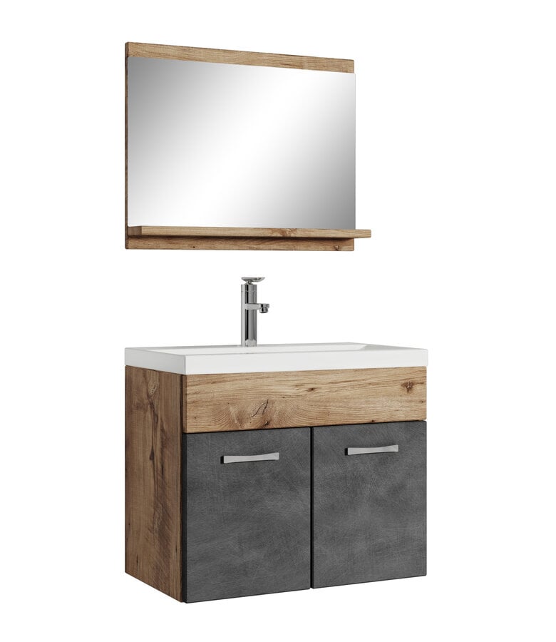 badplaats Badkamermeubel Montreal 02 60cm met spiegel - kastanje eiken met donker grijs