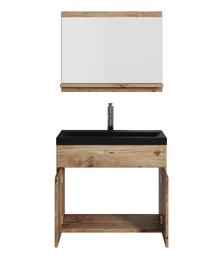 Badplaats Badkamermeubel Montreal 02 60cm Met Spiegel - Kastanje Eiken - Zwarte Wastafel