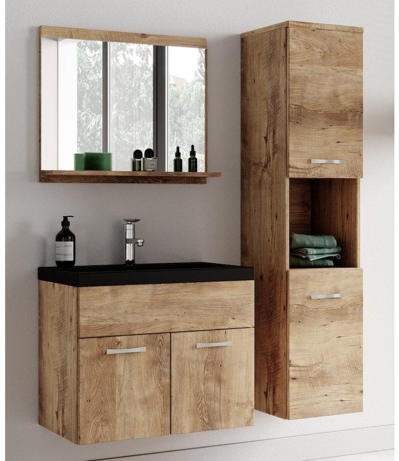 Badplaats Badkamermeubel Montreal 02 60cm Met Spiegel - Kastanje Eiken - Zwarte Wastafel