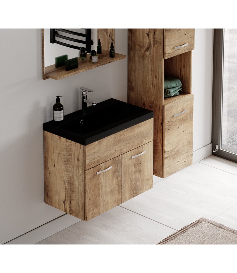 Badplaats Badkamermeubel Montreal 02 60cm Met Spiegel - Kastanje Eiken - Zwarte Wastafel