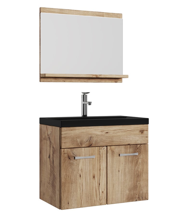 badplaats Badkamermeubel Montreal 02 60cm met spiegel - kastanje eiken - zwarte wastafel