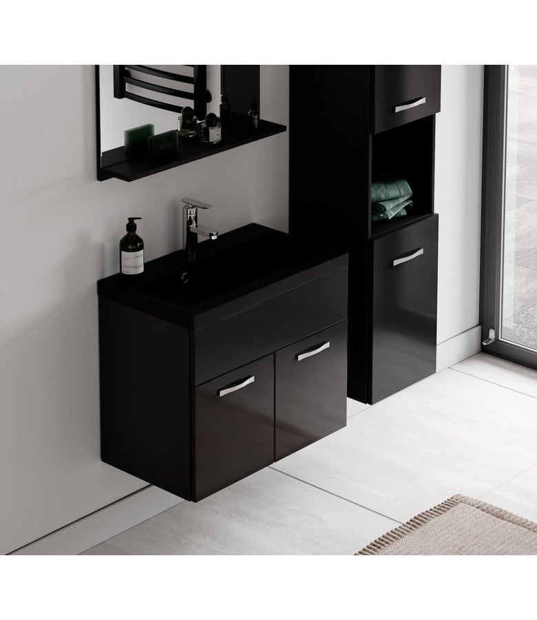 Badplaats Badkamermeubel Montreal 02 60cm Met Spiegel - Mat Zwart - Zwarte Wastafel