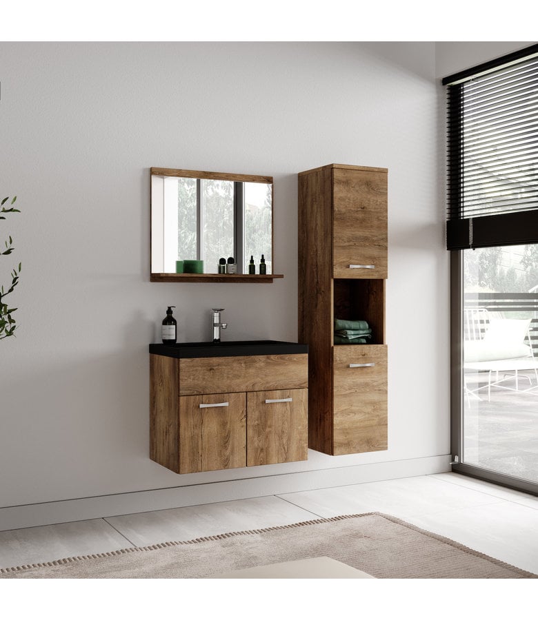 Badplaats Badkamermeubel Montreal 60cm Complete Set - Bruin Eiken - Zwarte Wastafel
