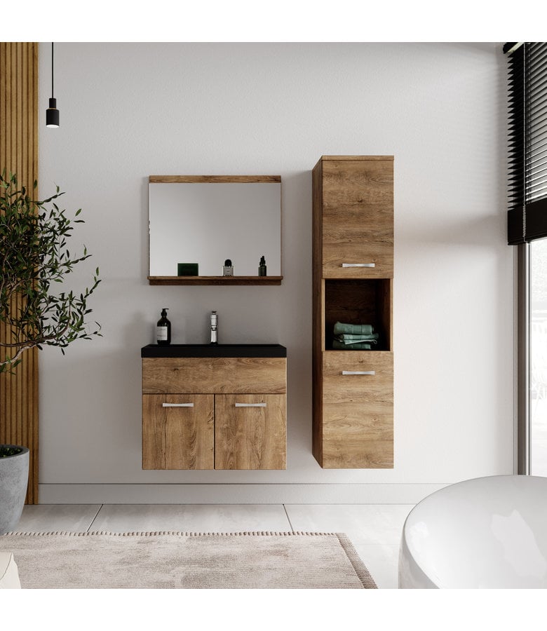 Badplaats Badkamermeubel Montreal 60cm Complete Set - Bruin Eiken - Zwarte Wastafel