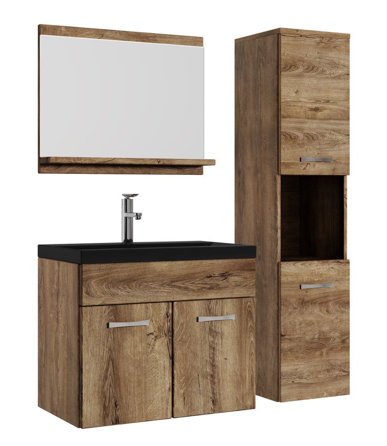 badplaats Badkamermeubel Montreal 60cm complete set - bruin eiken - zwarte wastafel