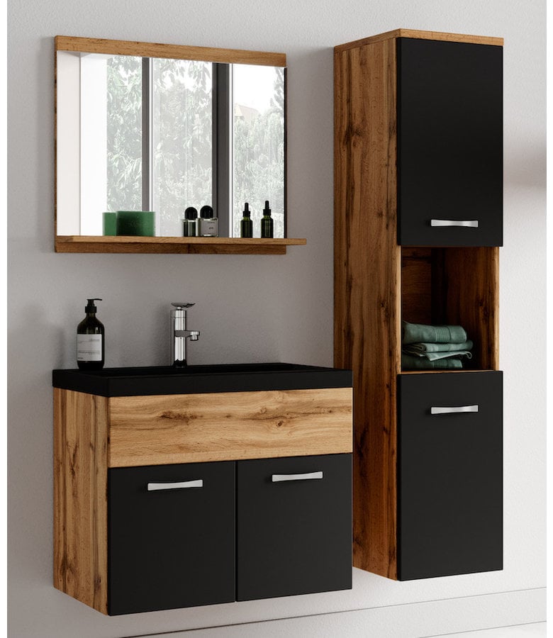 Badplaats Badkamermeubel Montreal 60cm Complete Set - Eiken Met Zwart - Zwarte Wastafel