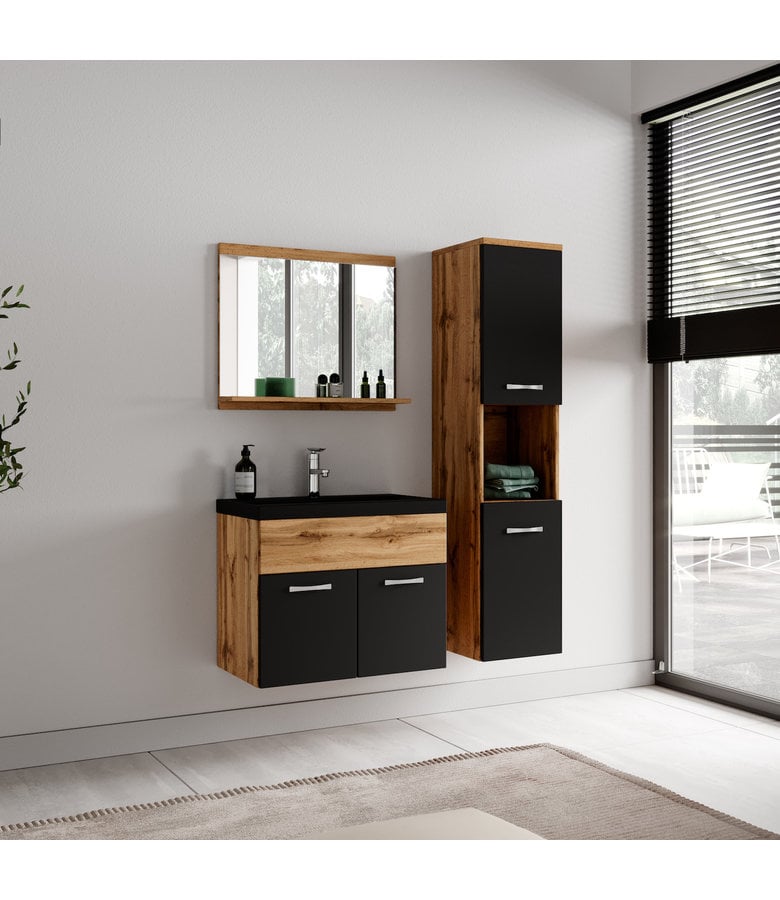 Badplaats Badkamermeubel Montreal 60cm Complete Set - Eiken Met Zwart - Zwarte Wastafel