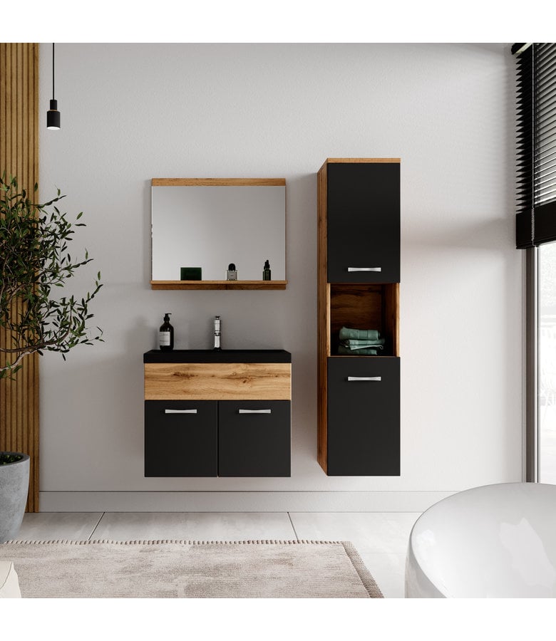 Badplaats Badkamermeubel Montreal 60cm Complete Set - Eiken Met Zwart - Zwarte Wastafel