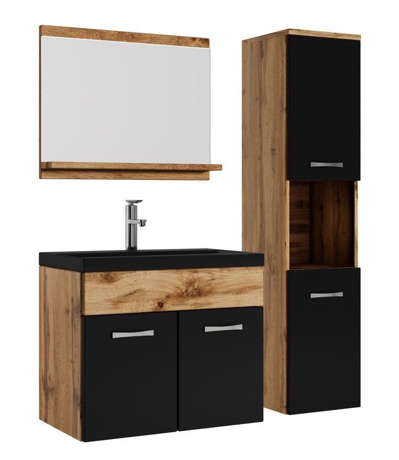 badplaats Badkamermeubel Montreal 60cm complete set - eiken met zwart - zwarte wastafel