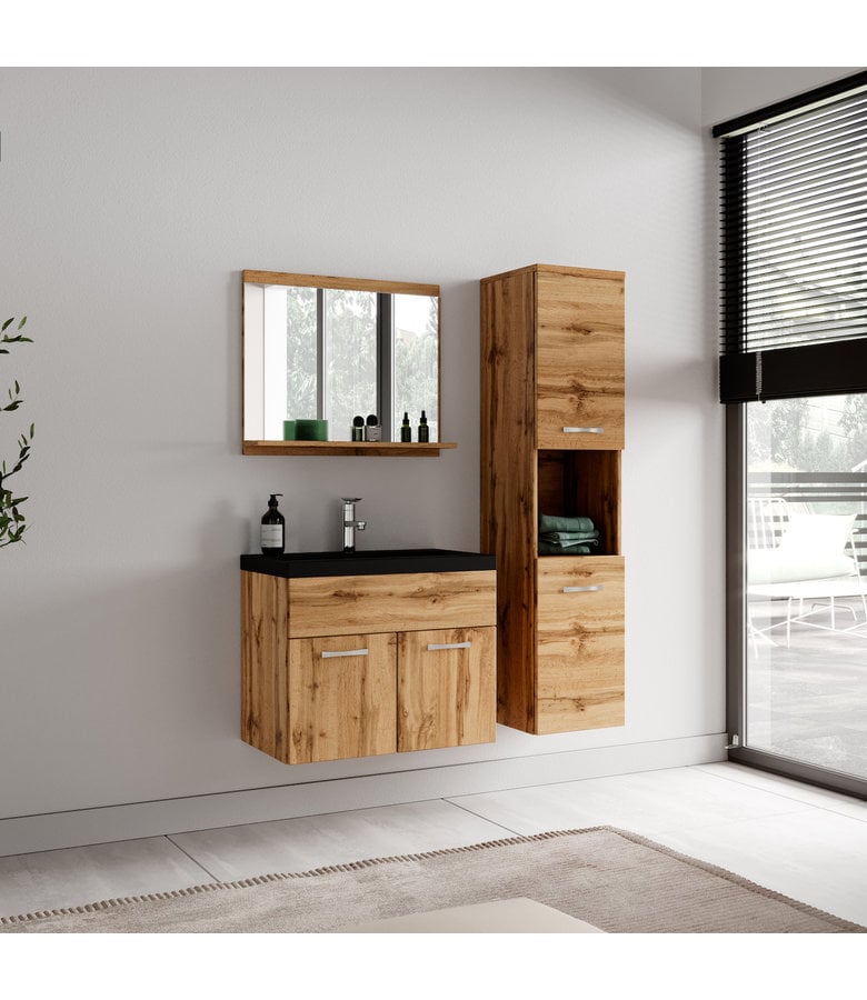 Badplaats Badkamermeubel Montreal 60cm Complete Set - Eiken - Zwarte Wastafel