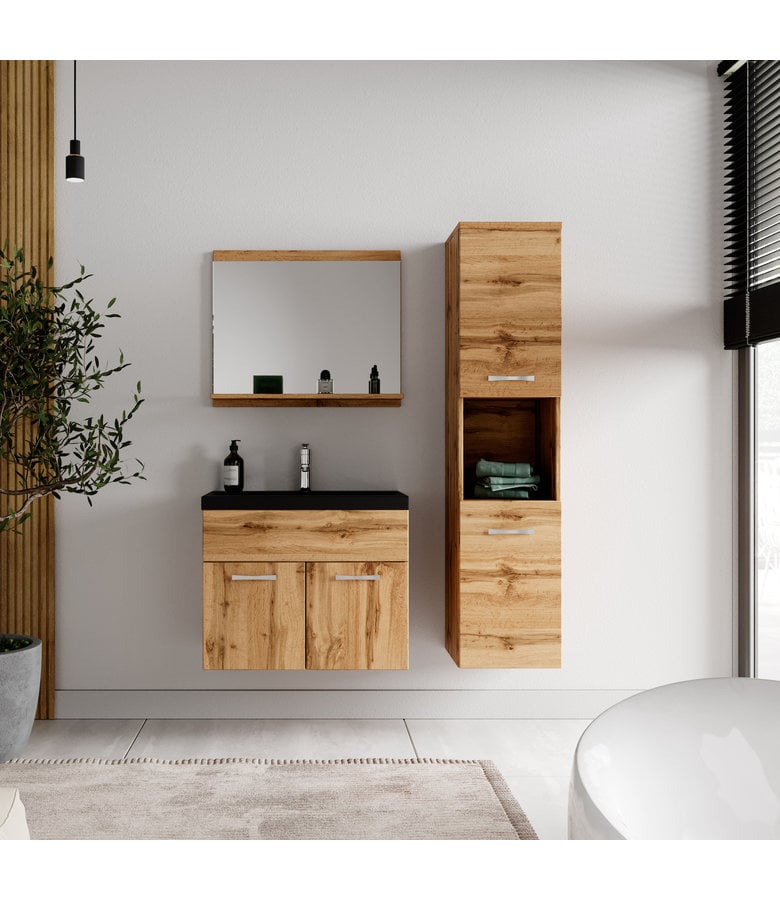 Badplaats Badkamermeubel Montreal 60cm Complete Set - Eiken - Zwarte Wastafel
