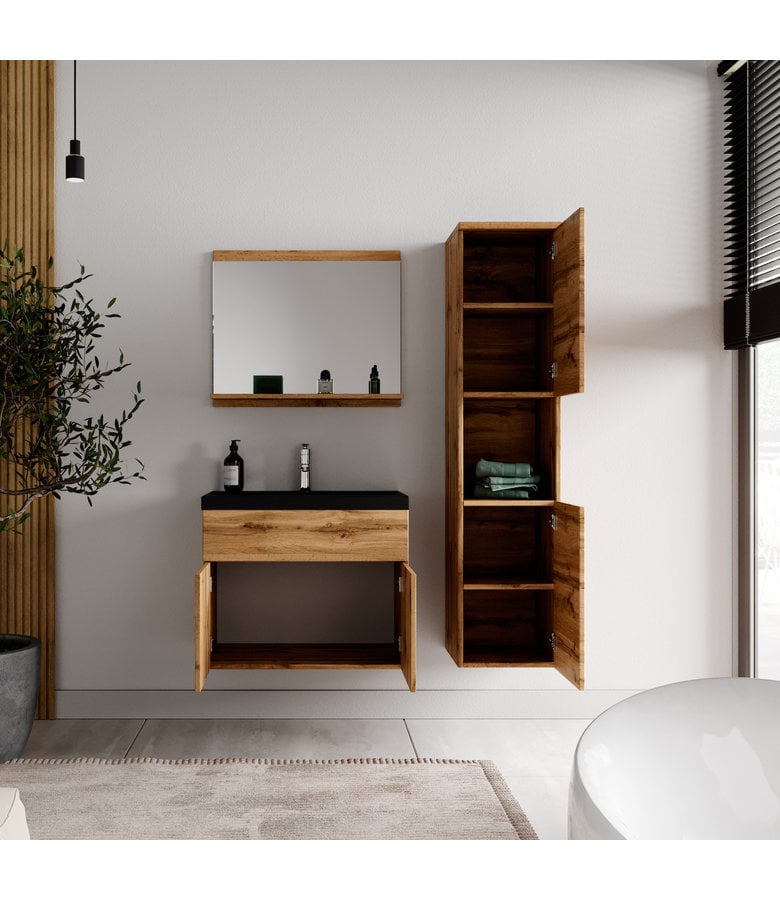 Badplaats Badkamermeubel Montreal 60cm Complete Set - Eiken - Zwarte Wastafel