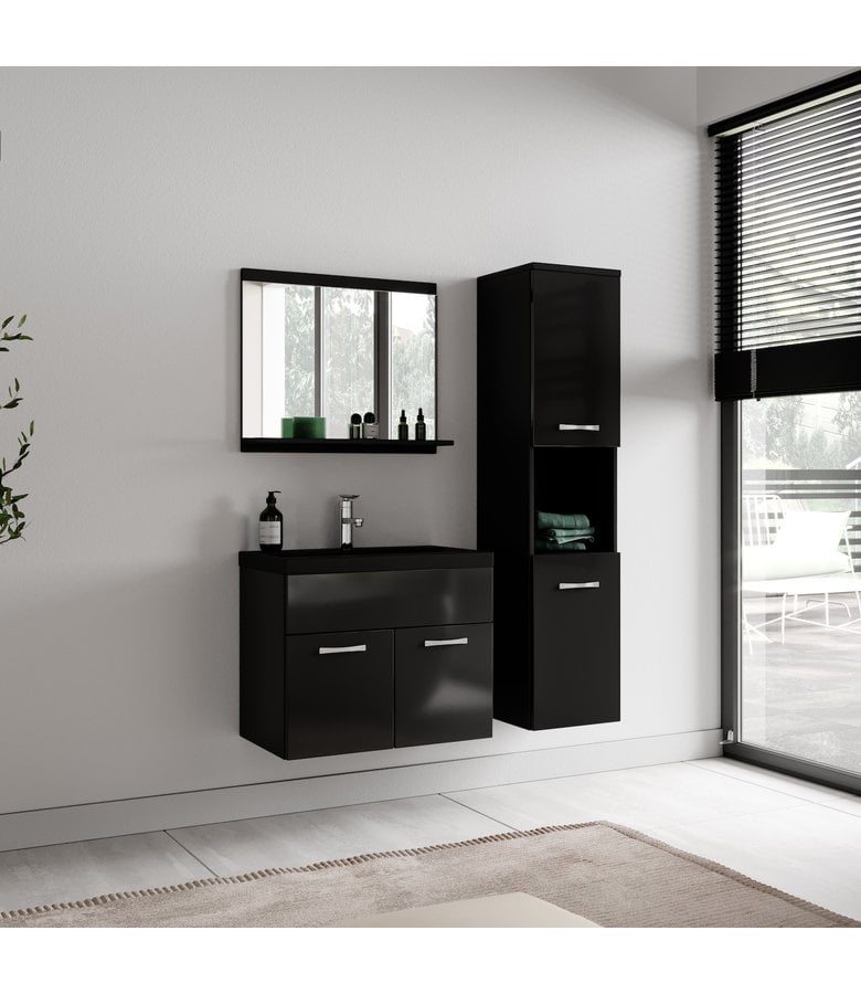 Badplaats Badkamermeubel Montreal 60cm Complete Set - Hoogglans Zwart - Zwarte Wastafel