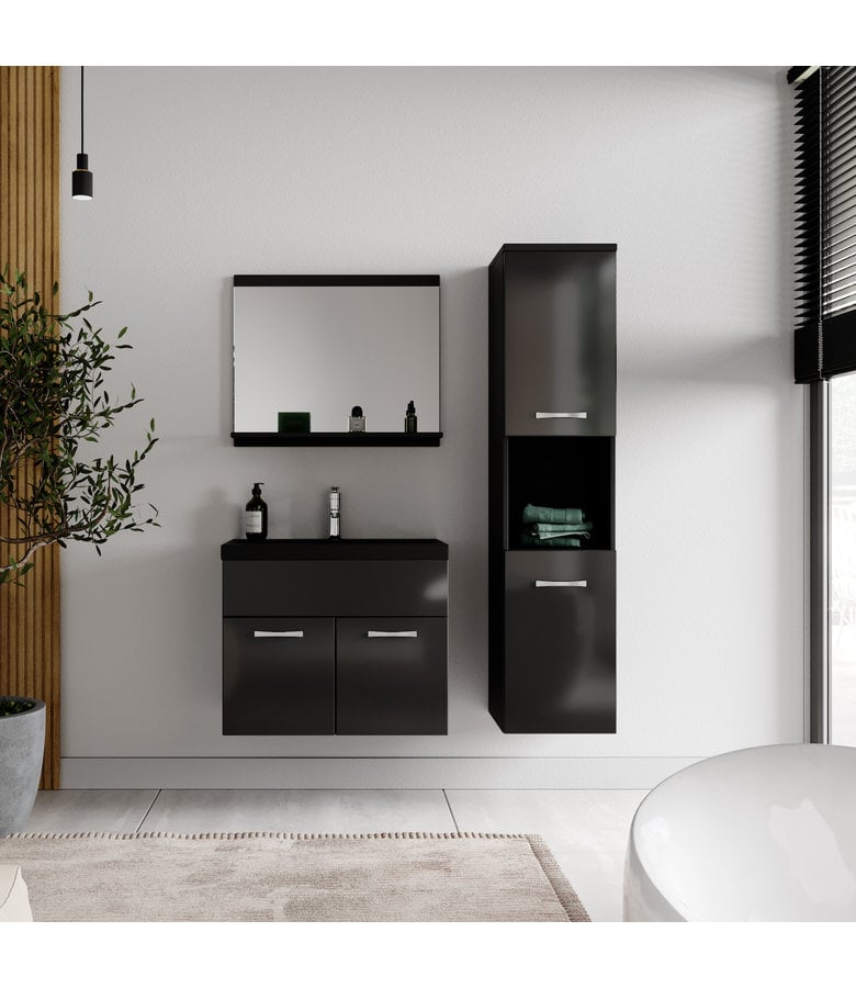 Badplaats Badkamermeubel Montreal 60cm Complete Set - Hoogglans Zwart - Zwarte Wastafel