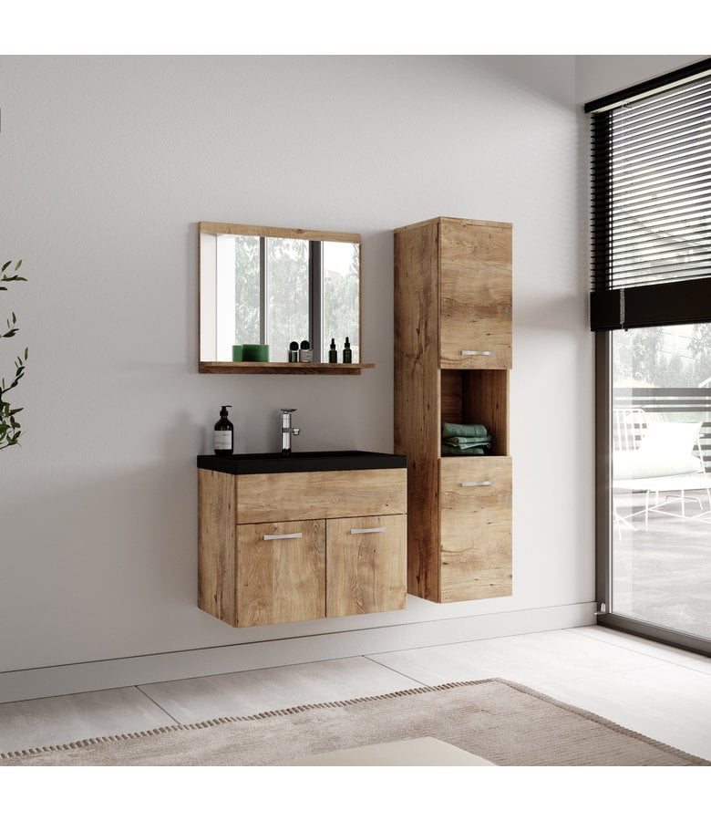 Badplaats Badkamermeubel Montreal 60cm Complete Set - Kastanje Eiken - Zwarte Wastafel