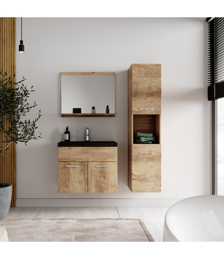 Badplaats Badkamermeubel Montreal 60cm Complete Set - Kastanje Eiken - Zwarte Wastafel