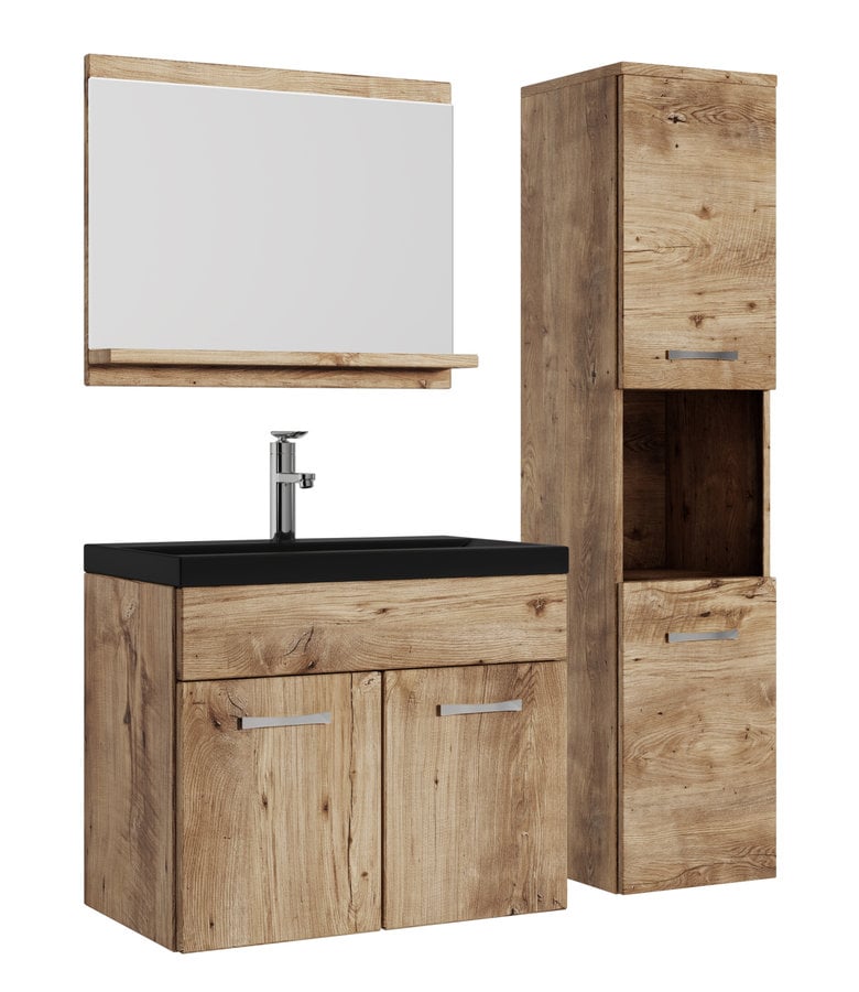 badplaats Badkamermeubel Montreal 60cm complete set - kastanje eiken - zwarte wastafel