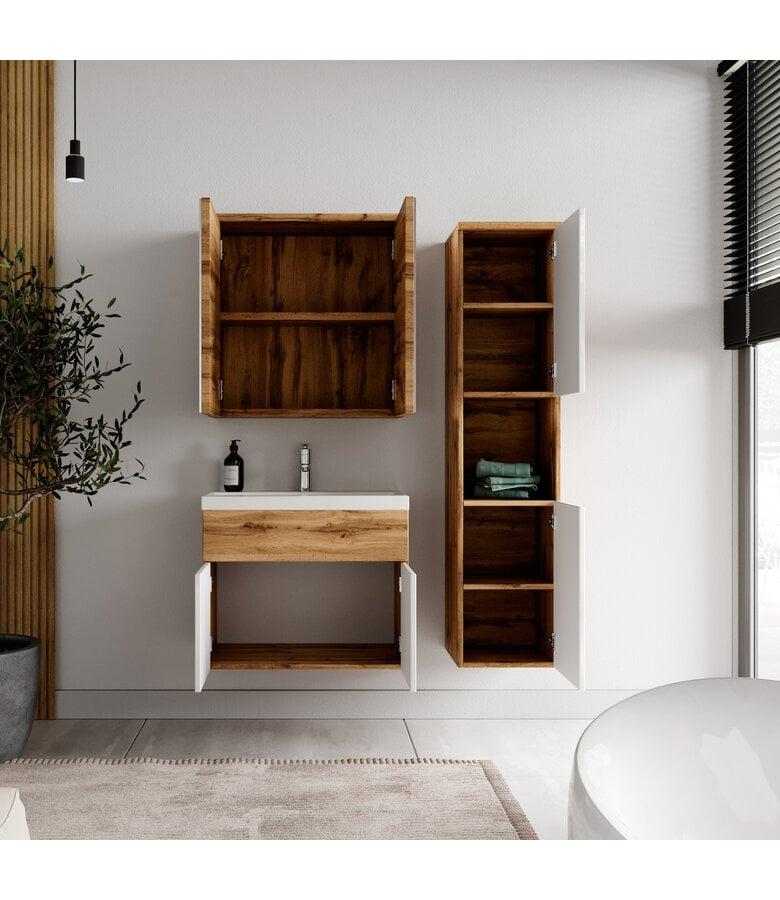 Badplaats Badkamermeubel Montreal 60cm Complete Set Met Spiegelkast - Eiken Met Hoogglans Wit