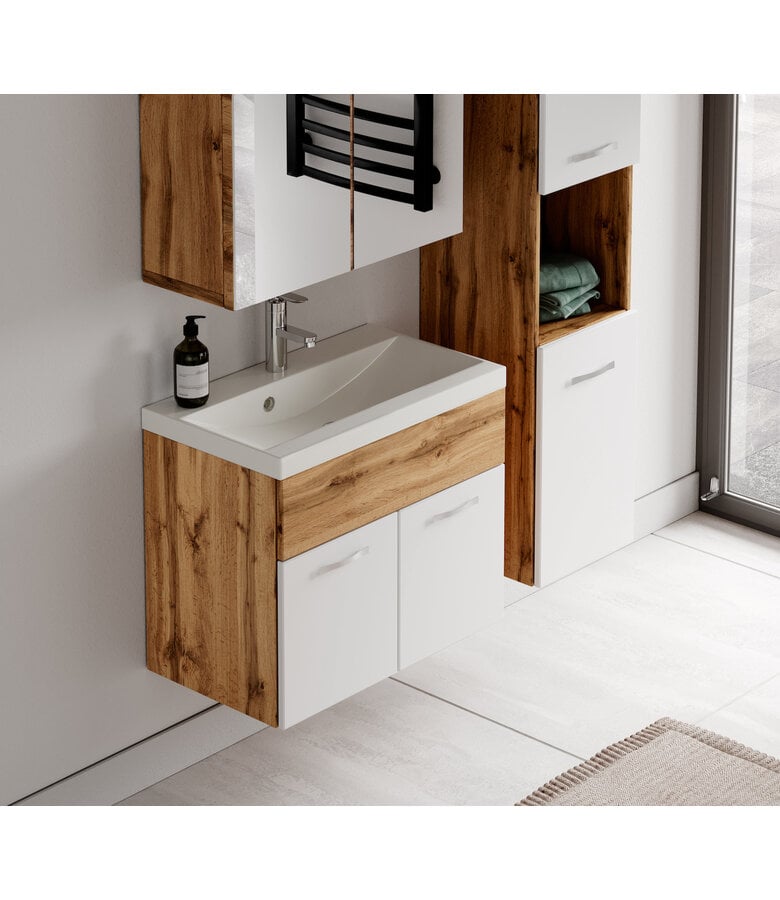 Badplaats Badkamermeubel Montreal 60cm Complete Set Met Spiegelkast - Eiken Met Hoogglans Wit