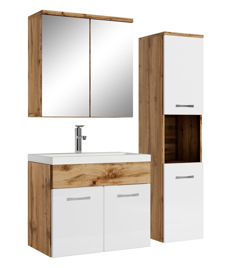 badplaats Badkamermeubel Montreal 60cm complete set met spiegelkast - eiken met hoogglans wit