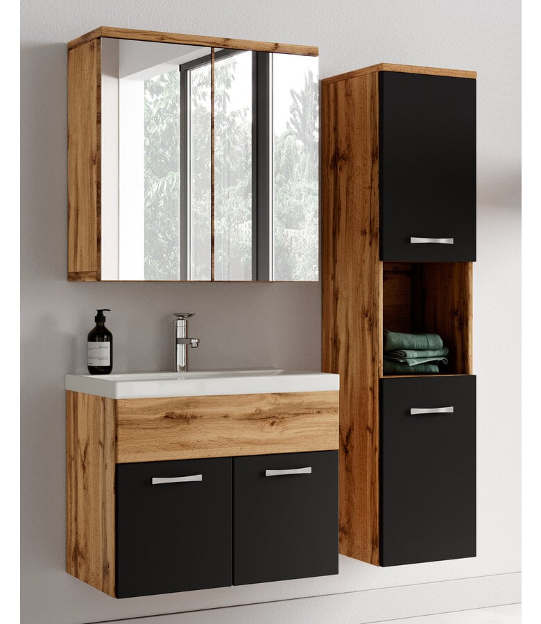 Badplaats Badkamermeubel Montreal 60cm Complete Set Met Spiegelkast - Eiken Met Mat Zwart