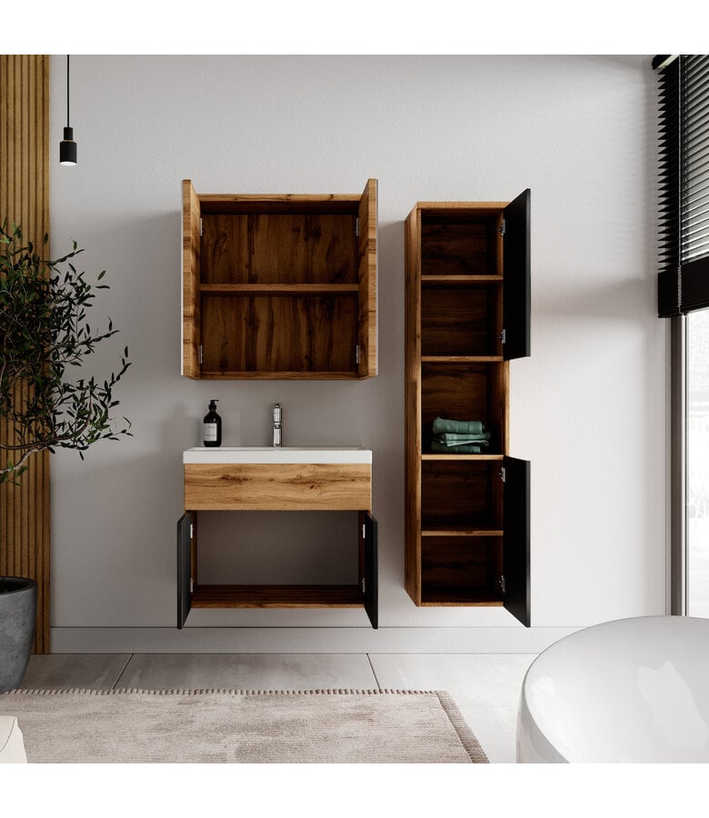 Badplaats Badkamermeubel Montreal 60cm Complete Set Met Spiegelkast - Eiken Met Mat Zwart