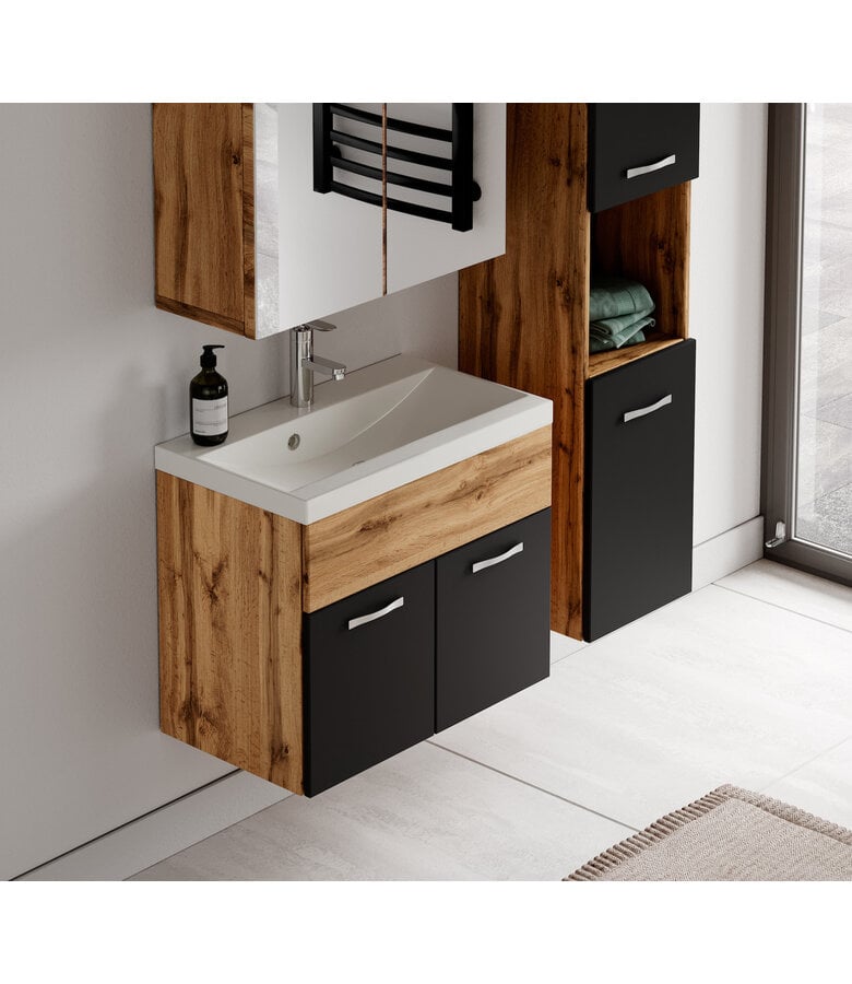 Badplaats Badkamermeubel Montreal 60cm Complete Set Met Spiegelkast - Eiken Met Mat Zwart