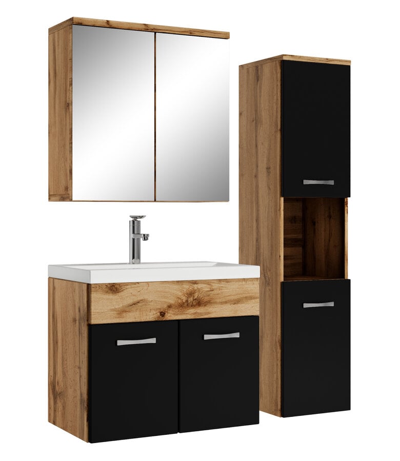 badplaats Badkamermeubel Montreal 60cm complete set met spiegelkast - eiken met mat zwart