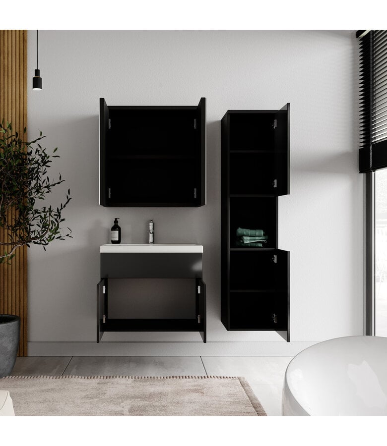 Badplaats Badkamermeubel Montreal 60cm Complete Set Met Spiegelkast - Hoogglans Zwart