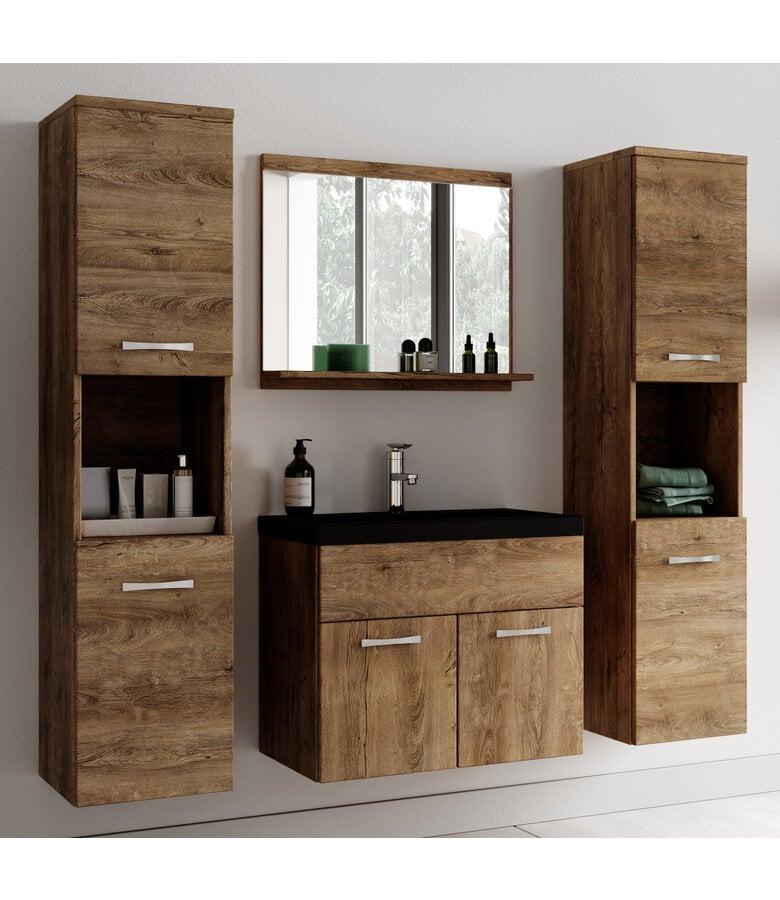 Badplaats Badkamermeubel Montreal XL 60cm Complete Set - Bruin Eiken - Zwarte Wastafel