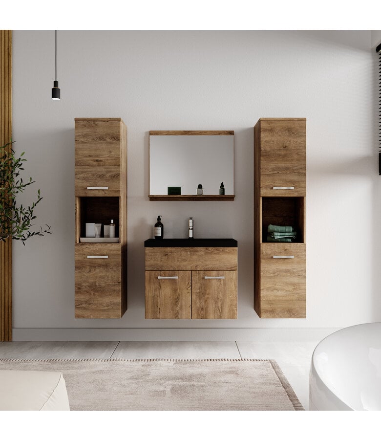 Badplaats Badkamermeubel Montreal XL 60cm Complete Set - Bruin Eiken - Zwarte Wastafel