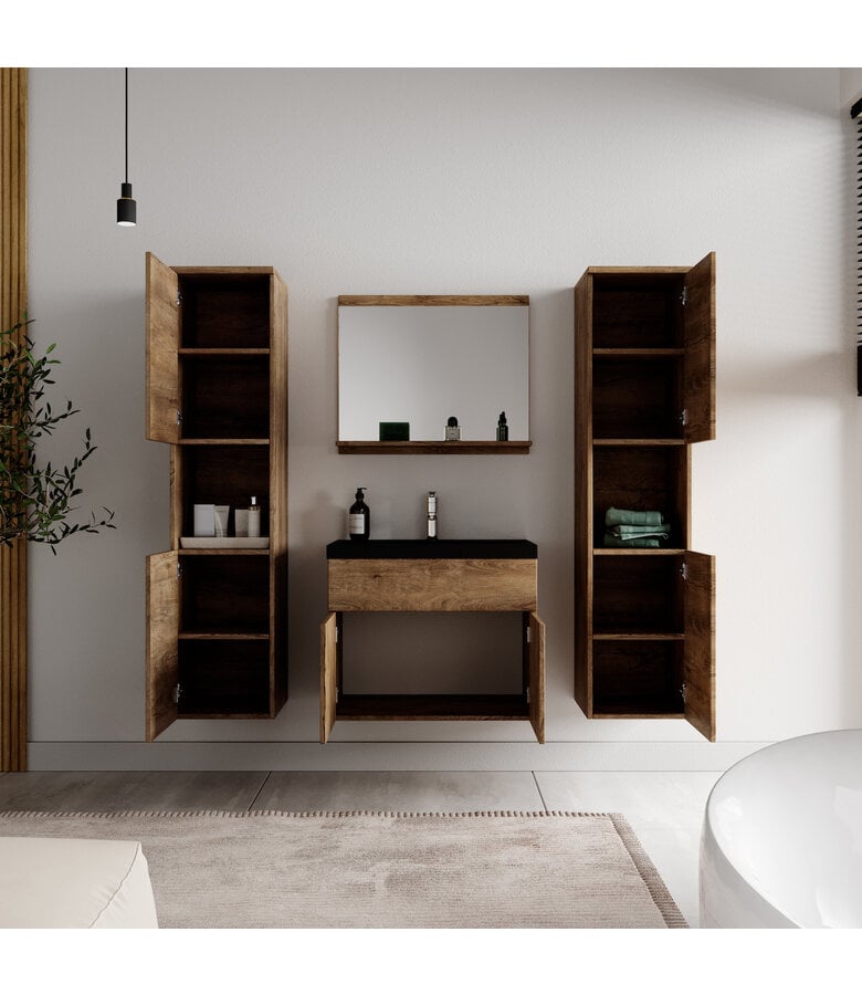 Badplaats Badkamermeubel Montreal XL 60cm Complete Set - Bruin Eiken - Zwarte Wastafel