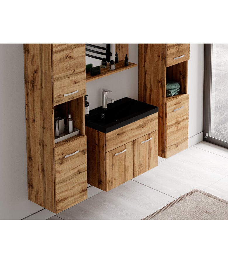 Badplaats Badkamermeubel Montreal XL 60cm Complete Set - Eiken - Zwarte Wastafe