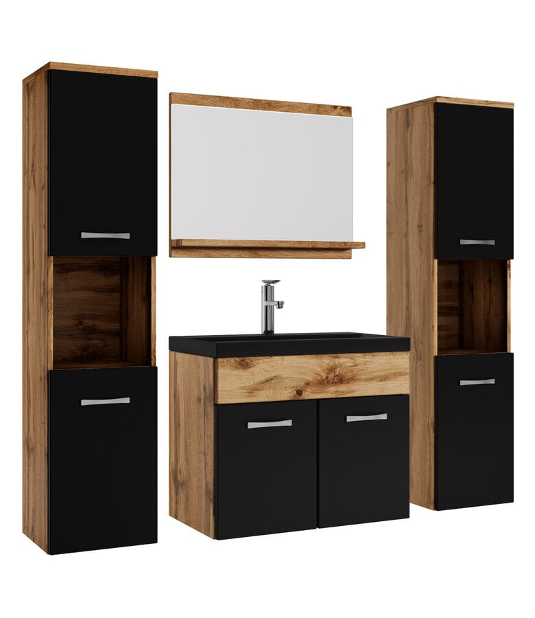 badplaats Badkamermeubel Montreal XL 60cm complete set - eiken met mat zwart - zwarte wastafel