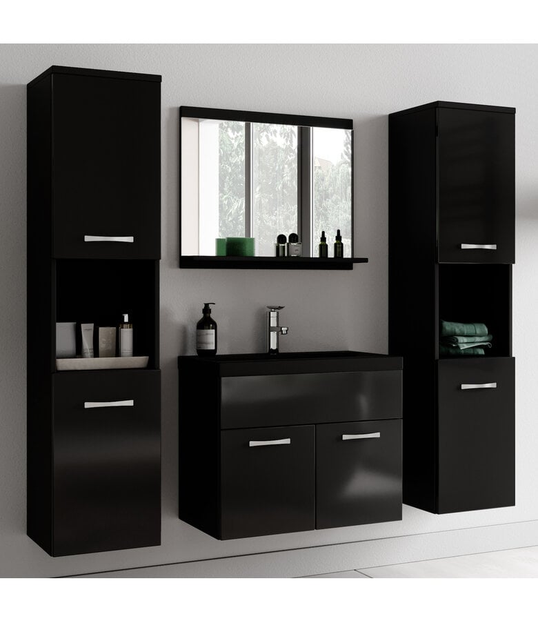 Badplaats Badkamermeubel Montreal XL 60cm Complete Set - Hoogglans Zwart - Zwarte Wastafel