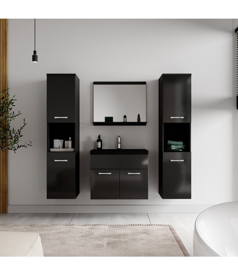 Badplaats Badkamermeubel Montreal XL 60cm Complete Set - Hoogglans Zwart - Zwarte Wastafel