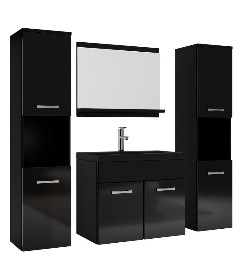 badplaats Badkamermeubel Montreal XL 60cm complete set - hoogglans zwart - zwarte wastafel
