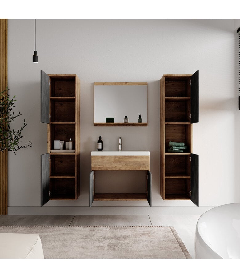 Badplaats Badkamermeubel Montreal XL 60cm Complete Set - Kastanje Eiken Met Donker Grijs