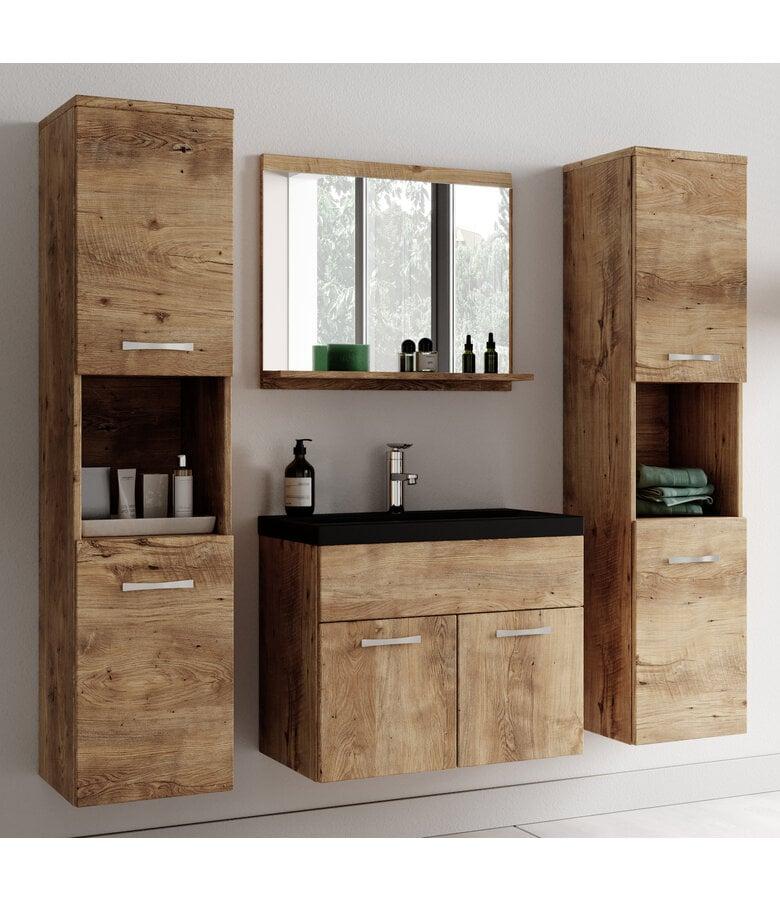 Badplaats Badkamermeubel Montreal XL 60cm Complete Set - Kastanje Eiken - Zwarte Wastafel